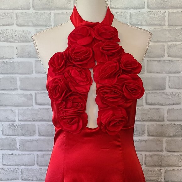 Red Satin Mermaid Rosette Halter Maxi Dress w/ Train Glam Party Dance NEW Medium - Picture 2 of 11